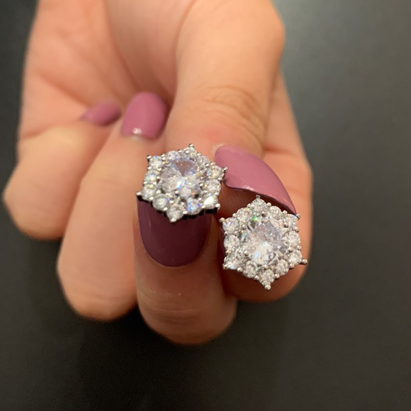 Hexagon Diamond Halo Stud Earrings - Picture 4 of 9